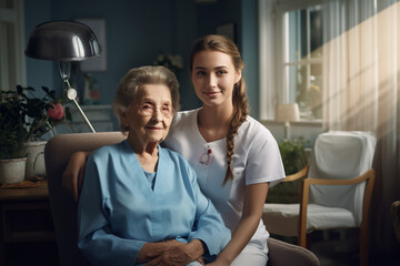 Female community nurse visits senior lady at home.