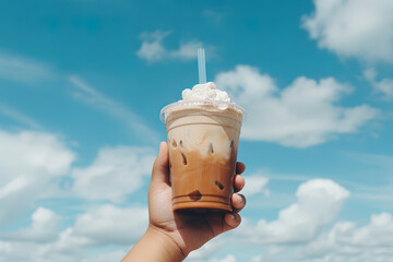 Hand holding iced coffee in a plastic cup with a blue sky and cloud background