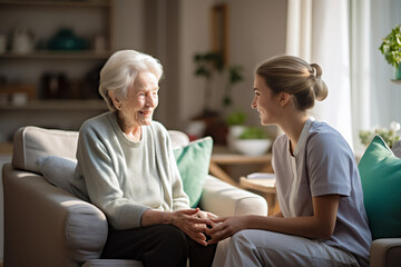 Female community nurse visits senior lady at home.