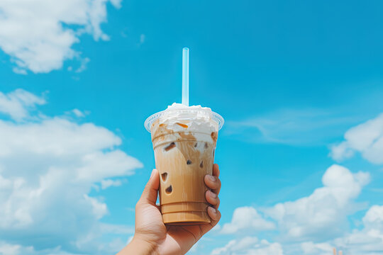 Hand holding iced coffee in a plastic cup with a blue sky and cloud background