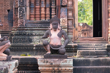 Bas-relief at Banteay srei - Beautiful stone carving of Banteay Srei temple the most beautiful pink sandstone temple in Siem Reap, Cambodia.