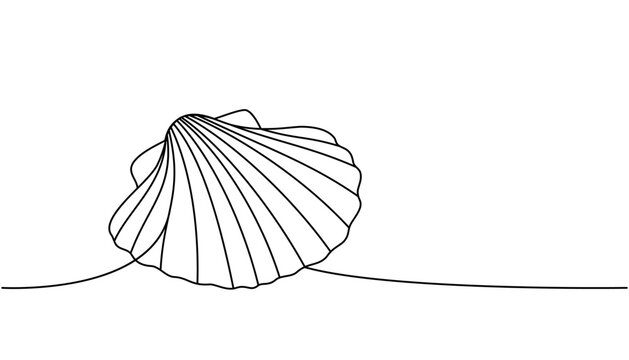 Scallop sea shell one line continuous drawing. Tropical underwater shell continuous one line illustration. Vector minimalist linear illustration.