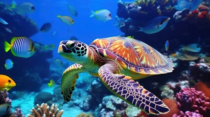 Fototapeta na wymiar Sea Turtle in underwater world with colorful coral and small fish.