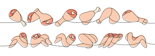 Different parts of chicken meat one line colored continuous drawing. Raw chicken meat parts continuous one line illustration.