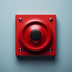 red button buzzer in black casing isolated on plain gray studio wall