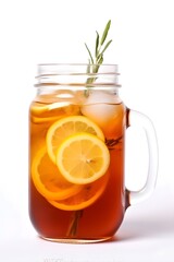 Ice Lemon Tea in a mason glass on white background, professional Drink Photography 