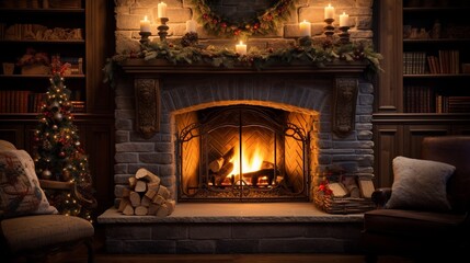 Fireplace with Christmas ornaments. Open storybook lying on a wooden bench by the fireside. Cozy relaxed magical atmosphere in a chalet house decorated for Christmas. Holiday concept. 