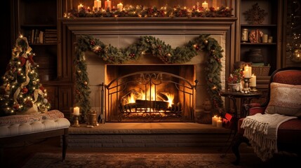 Fireplace with Christmas ornaments. Open storybook lying on a wooden bench by the fireside. Cozy...