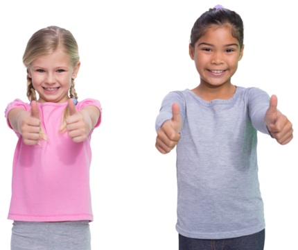 Digital png photo of two happy diverse girls holding thumbs up on transparent background