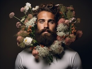 A man with a beard decorated with flowers isolated on grey background, studio shot, with copy space.