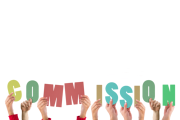 Digital png illustration of hands with commission text on transparent background