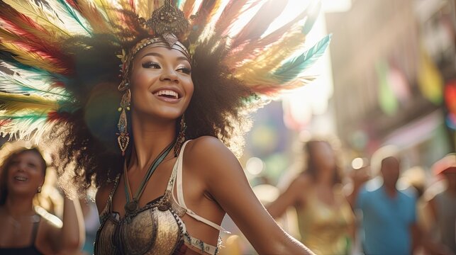 Beautiful samba dancer performs at carnival with band