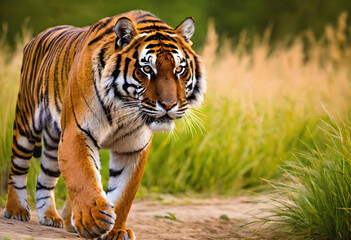 Obraz premium Tiger. Wildlife. Big Cat. Stripes. Feline. Predator. Majestic. Endangered Species. Safari. Nature. Carnivore. Jungle. Wild Animal. Stalking. Beautiful. Powerful. Wildlife Photography. AI Generated.