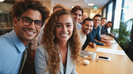 Obraz premium Confident businesswoman and her team, Cheerful multiracial colleagues in office.