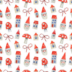 Christmas seamless pattern with houses, fly agarics, santas, bows in cartoon style. Watercolor simple illustrations in cartoon style.