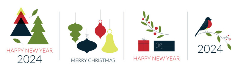 Merry Christmas and Happy New Year Composition with Inscription Vector Set