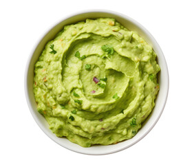 Bowl with guacamole isolated on transparent background, top view