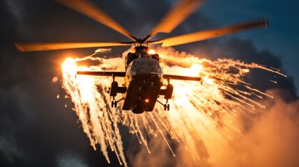 Attack helicopter firing flares, Military helicopter firing a series of flares in a defensive manoeuvre. - obrazy, fototapety, plakaty