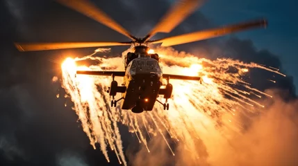 Gordijnen Attack helicopter firing flares, Military helicopter firing a series of flares in a defensive manoeuvre. © visoot