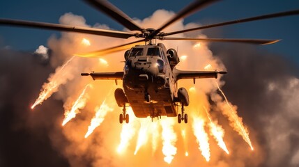 Attack helicopter firing flares, Military helicopter firing a series of flares in a defensive manoeuvre. - obrazy, fototapety, plakaty