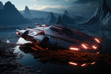 Red spaceship on it beautiful landscape.