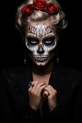 Woman with makeup is a skull on a black background.