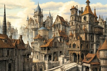Captivating Historical Cityscape: Majestic Castles, Towering Cathedrals, and Cobblestone Streets, generative AI