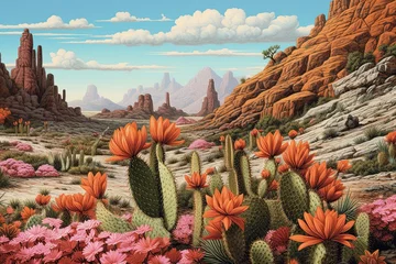 Fotobehang Desert Landscape: Vibrant Cacti Blooms Amid Arid Terrain, generative AI © Michael