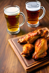 Grilled chicken wings and a glass of beer on a wooden table. Generative Ai.