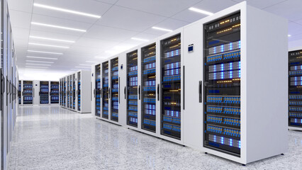 Shot of Data Center With Multiple Rows of Fully Operational Server Racks. Modern Telecommunications, Data center cooling, server room, 3d rendering