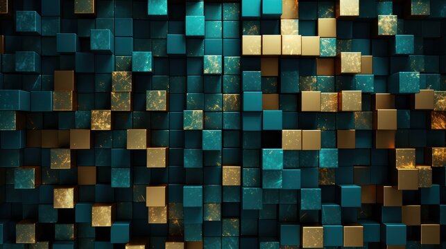 Abstract gold and teal metallic cubes background.