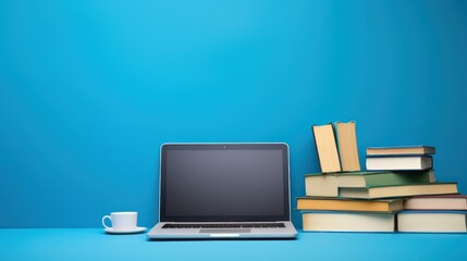 Back to school concept,Laptop and books on blue background 
