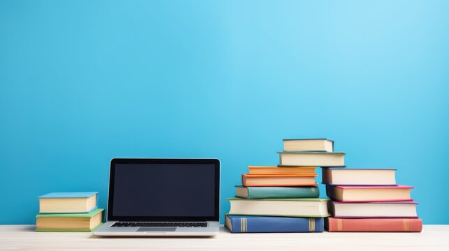 Back to school concept,Laptop and books on blue background 
