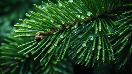 Naklejka na ściany i meble Close-up of a spruce branch with drops after rain.