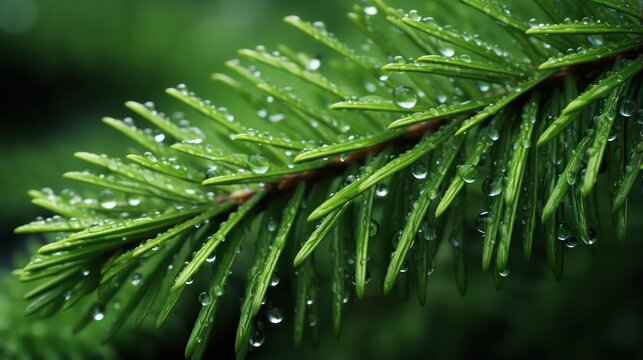 Close-up of a spruce branch with drops after rain.