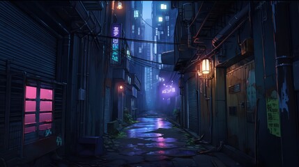 Dark street in cyberpunk city gloomy alley with neon glowing city wallpaper background 