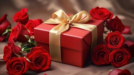 Red gift box and red roses for Valentine Day