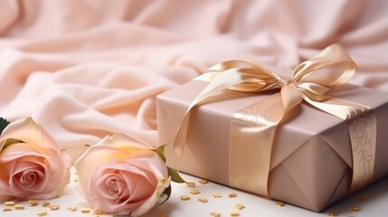 Fototapeta na wymiar Gift box for Valentine Day tied_with golden satin ribbon 