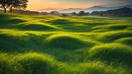 A lush green field with a lone tree in the foreground, and mountains in the distance. The sun is setting, and the grass is blowing in the wind. A peaceful and serene scene.