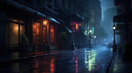 night city street under the rain - obrazy, fototapety, plakaty