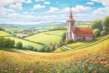Fotobehang Picturesque Countryside: Charming Church Amidst Rolling Hills & Blooming Fields, generative AI © Michael