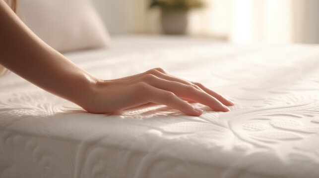 Woman hand touching soft light mattress