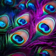 Obraz premium Abstract peacock feather, macro close up. Beautiful colorful peacock feather 