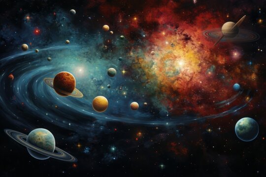 A celestial background with planets, stars, and cosmic dust, depicting the wonders of the universe. © OhmArt