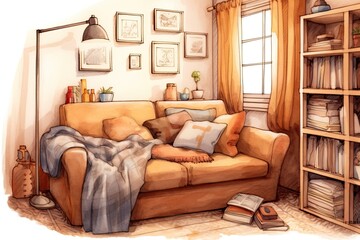 Cozy Living Room: Inviting Relaxation with a Comfortable Couch, Soft Cushions, and Warm Blankets, generative AI