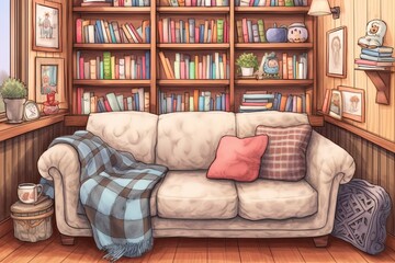 Cozy Living Room: Plush Couch, Soft Blankets, and Bookshelf Bliss for Ultimate Relaxation, generative AI