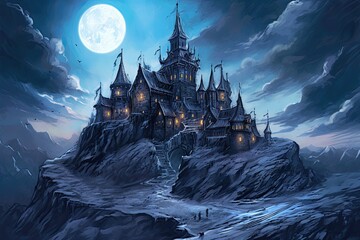 Obraz premium Mystical Castle: A Magical Nighttime Scene with Crescent Moon Drawings and Secret Midnight Wizard Gathering, generative AI