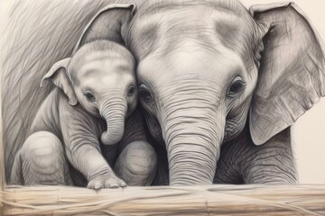 Love and Tenderness Revealed: A Heartwarming Scene of a Cute Elephant Cuddling with its Mother in a Drawing, generative AI