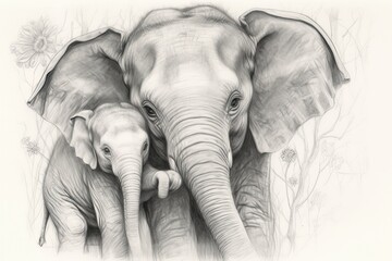 Love, Family, and Gentleness: Captivating Illustration of a Cute Elephant Cuddling with Its Mother, generative AI
