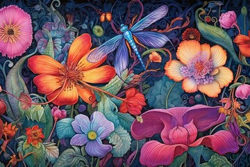 Dragonfly Drawing: Embracing Nature's Vibrant Tapestry of Blooming Flowers and Colorful Tranquility, generative AI
